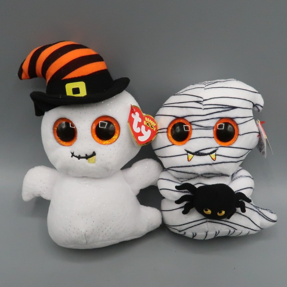 TY Beanie Boos Lot Nightcap Ghost & Ooooky Mummy Halloween Plush Stuffed Animals